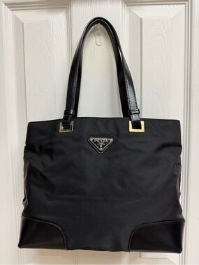 Prada Black Nylon Tote with Gold-Tone Accents